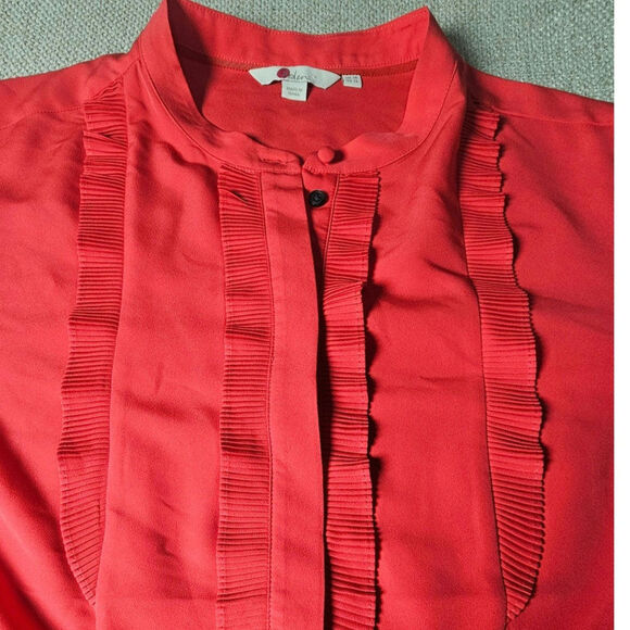 Boden Pleated Ruffle Bright Pink Button up Blouse Stand up Collar Size 14 - Picture 6 of 10